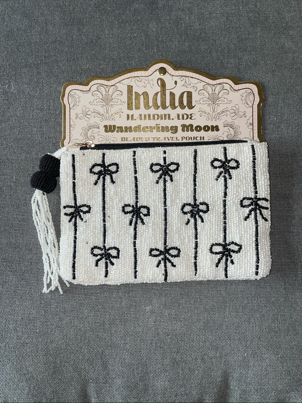 Wandering Moon White Beaded Pouch with Black Bow Detail